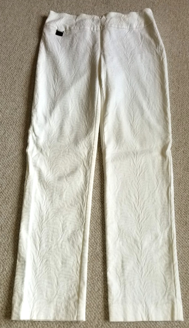 Womens Pants-LISETTE-ivory embossed stretch pull-on straight leg ankle-L